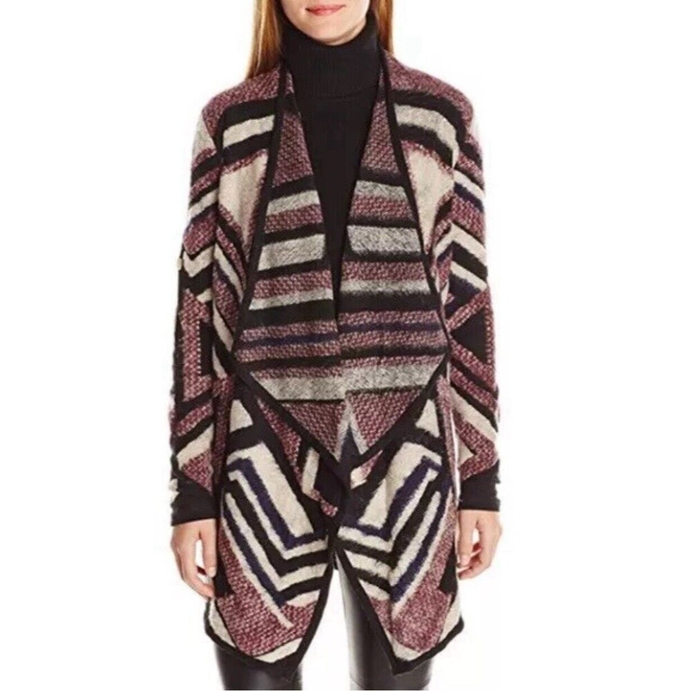 Lucky Brand Womens Draped Cardigan Sweate Intarsia Knit Purple Black Size L